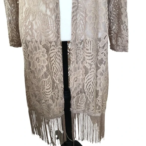 Questions Tan Long Line Feminine‎ Romantic Boho Fringe Lace Cardigan/Jacket ~ L - Picture 6 of 16